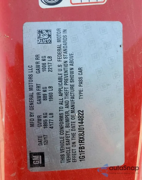 2018 Chevrolet Camaro Lt из США, поврежденный, VIN 1G1FB1RX8J0144822